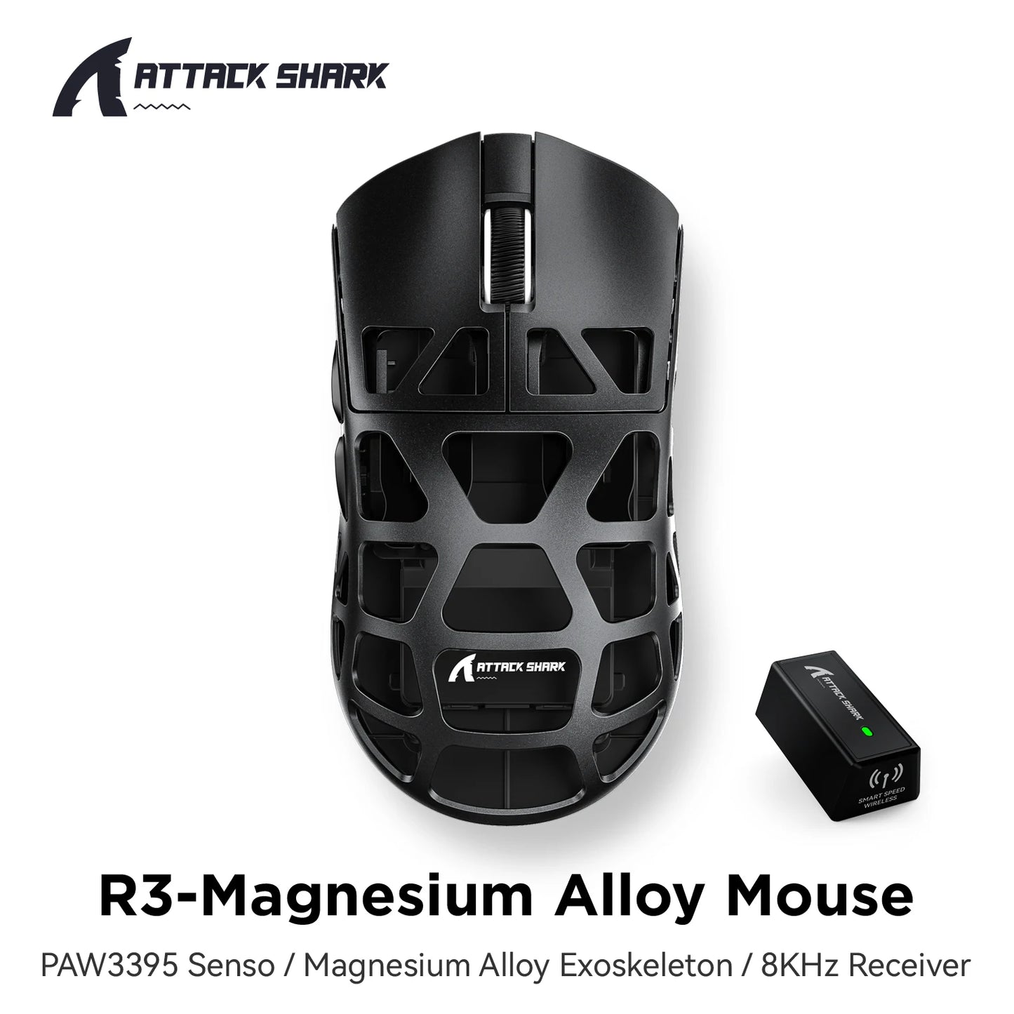 Mysz gamingowa ATTACK SHARK R3 ze stopu magnezu, konstrukcja honeycomb, ultralekka, 8K Hz, sensor PAW3395, 26000 DPI, ergonomiczna obudowa