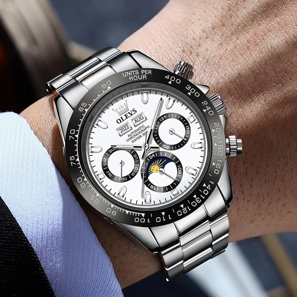 OLEVS 6654 Luxury Mens Watch Chronograph Automatic Mechanical Wristwatch Waterproof Luminous Top Brand Watch for Man Date Sport