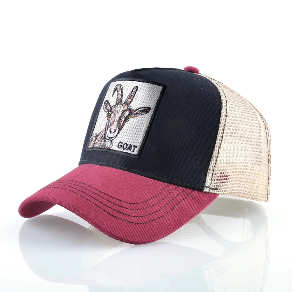 Modische Trucker-Caps mit besticktem Ziegen-Patch, Vier-Jahreszeiten-Snapback-Baseballcap für Herren und Damen, verstellbare Schirmmütze
