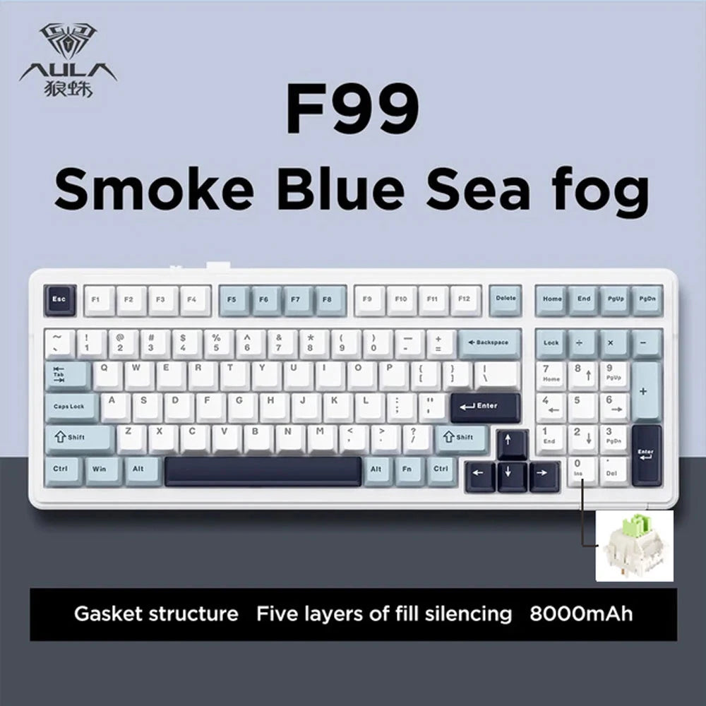 Teclado mecánico gaming Aula F99 de 99 teclas, tres modos: 2.4g inalámbrico, Bluetooth y cableado, hot swap, PBT, gasket y RGB para juegos y escritura