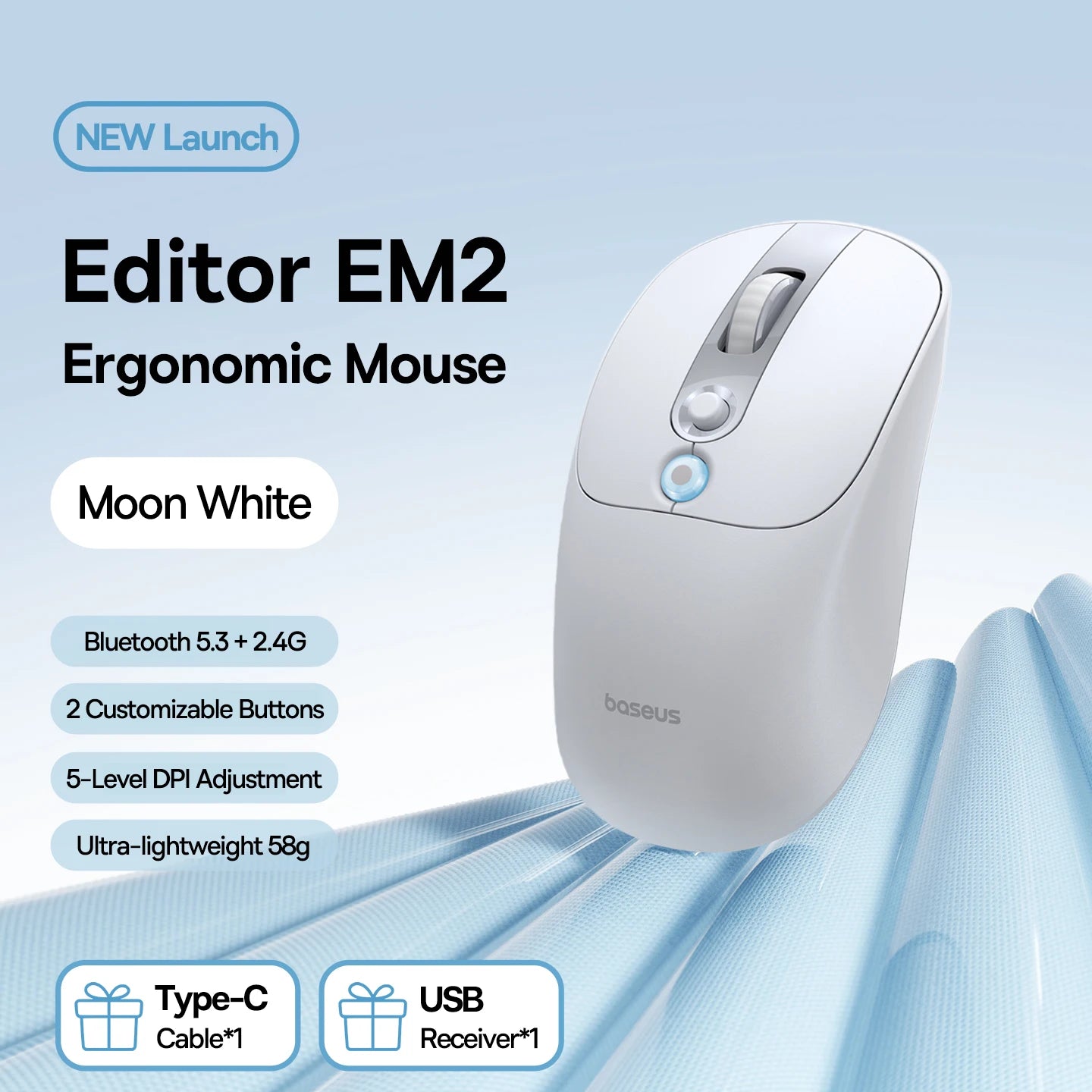 【NEU】Baseus EM2 ergonomische kabellose Maus Bluetooth 5.3 2.4G Type-C-Aufladung ultraleichte leise Maus mit anpassbarer Taste