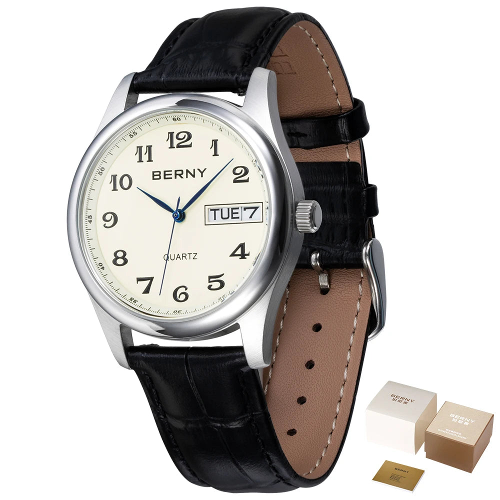 BERNY Quartz Watch for Men Miyota 2405 Business Male Wristwatch Day Top Calendar Genuine Leather Classic Men Watches Waterproof