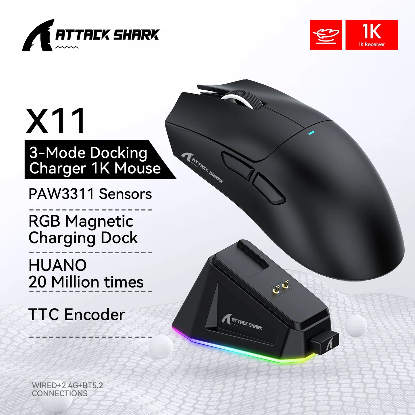 ATTACK SHARK X11 trijų režimų lengva žaidimų pelė su PAW3311, 22000DPI, 400IPS, 40G, 59g, magnetiniu greituoju įkrovimu ir RGB apšvietimu