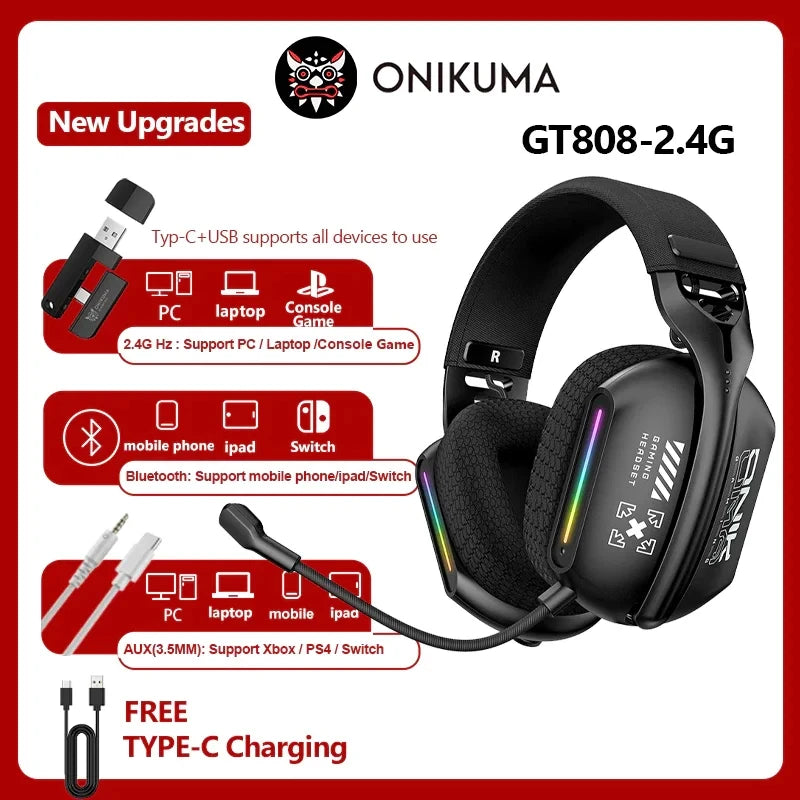 Cuffie da gaming wireless ONIKUMA GT828 Bluetooth 5.3 RGB con microfono, cancellazione del rumore e connessione a 4 modalità per PC, PS5 e laptop