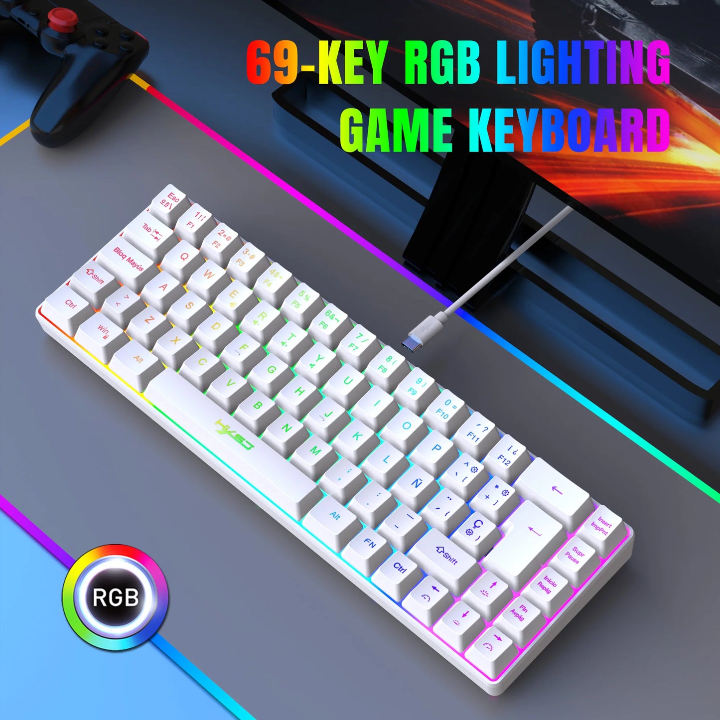 ¡Oferta destacada! Teclado gaming con cable de 69 teclas en español, retroiluminación RGB, diseño compacto al 68%, un accesorio imprescindible para profesionales de oficina y gamers