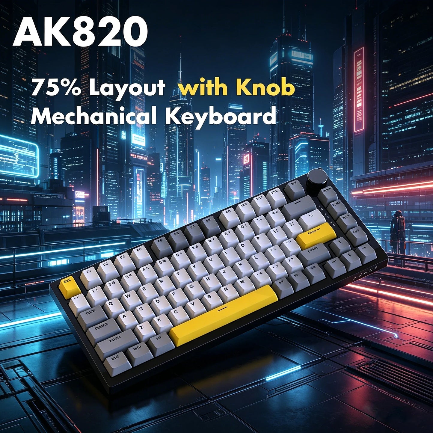 Teclado mecánico con cable AJAZZ AK820 75%: hot‑swappable, retroiluminación RGB/blanca/azul hielo, control con perilla de volumen | Para oficina y gaming