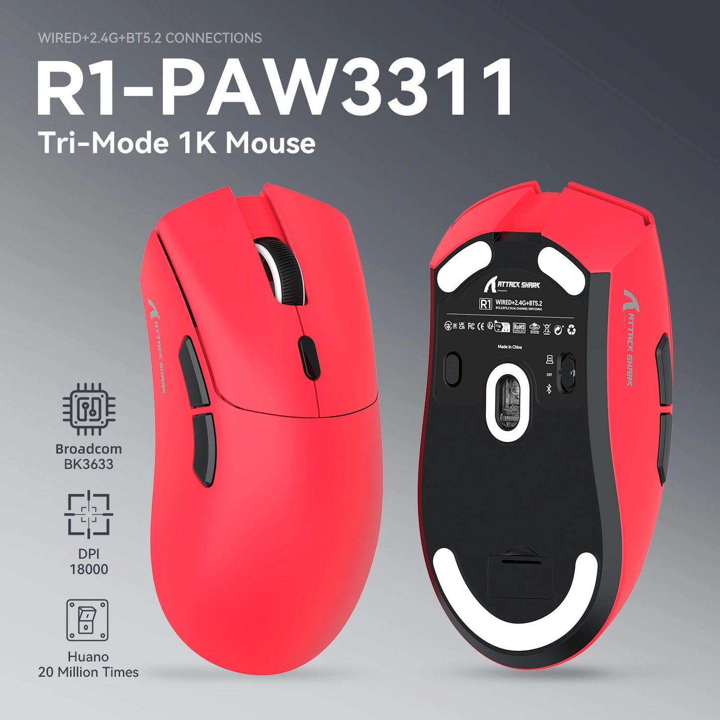 Herní myš ATTACK SHARK R1 Tri-mode, senzor PixArt PAW3311, 18000 DPI, 1000hz, ultralehká 59g pro velkou ruku, pro PC/Mac