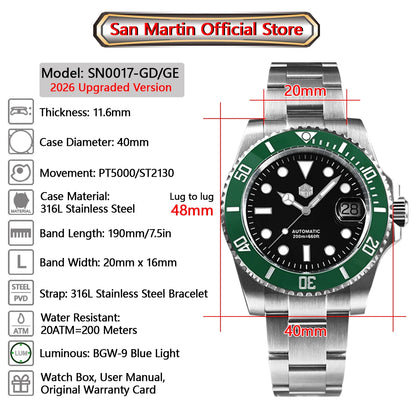 San Martin New 40mm Water Ghost Diver Watch Men Luxury NH35 PT5000 Automatic Mechanical Watch Sapphire Waterproof 200m SN0017