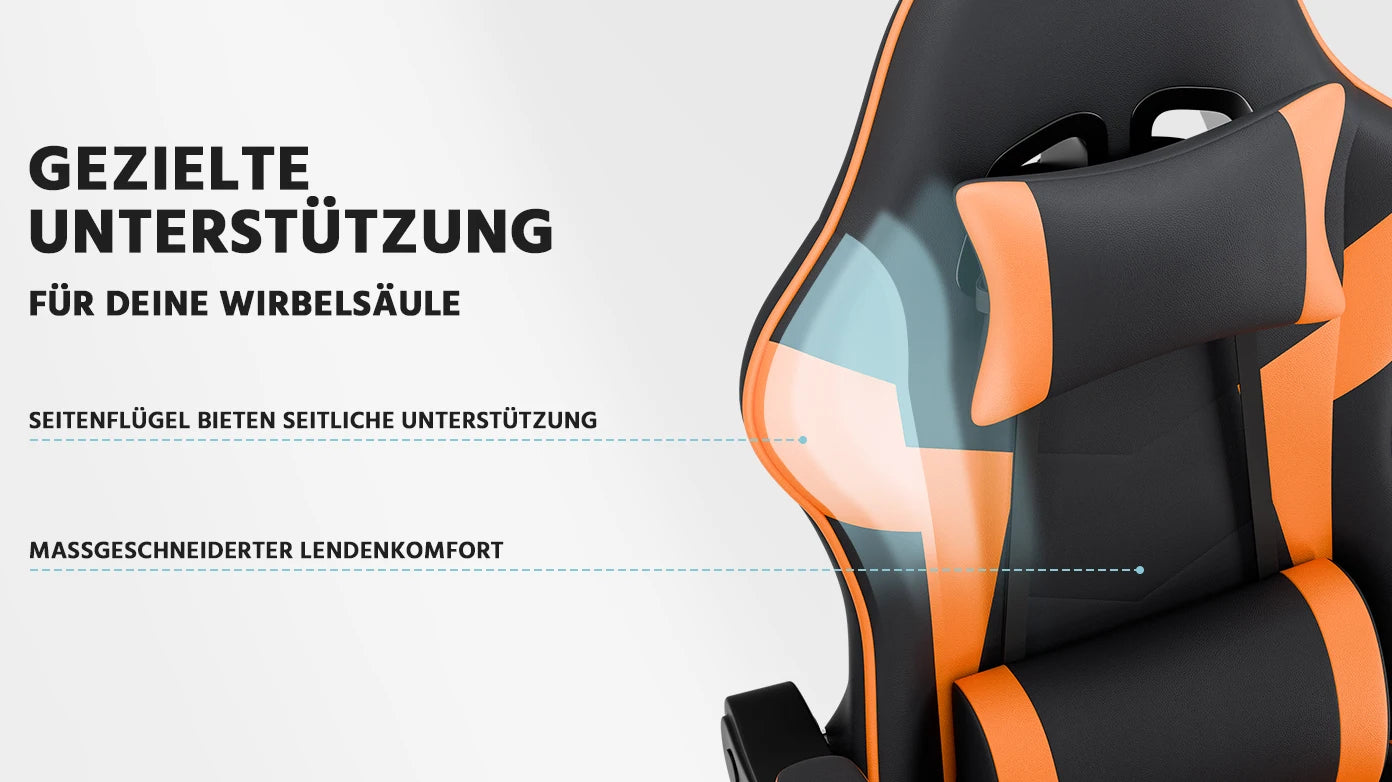 Black & Orange Gaming Chair, Ergonomic PU Leather Computer Chair with Footrest, Adjustable Swivel Office Chair with Lumbar Support & Headrest, Breathable High-Back Chair for Gaming & Work