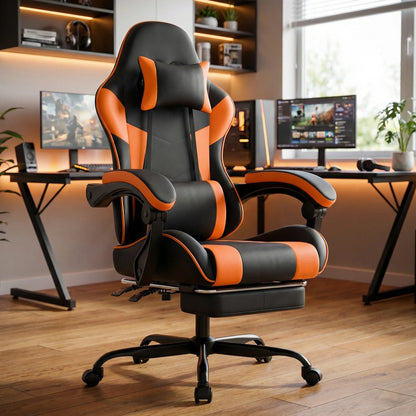 Black & Orange Gaming Chair, Ergonomic PU Leather Computer Chair with Footrest, Adjustable Swivel Office Chair with Lumbar Support & Headrest, Breathable High-Back Chair for Gaming & Work