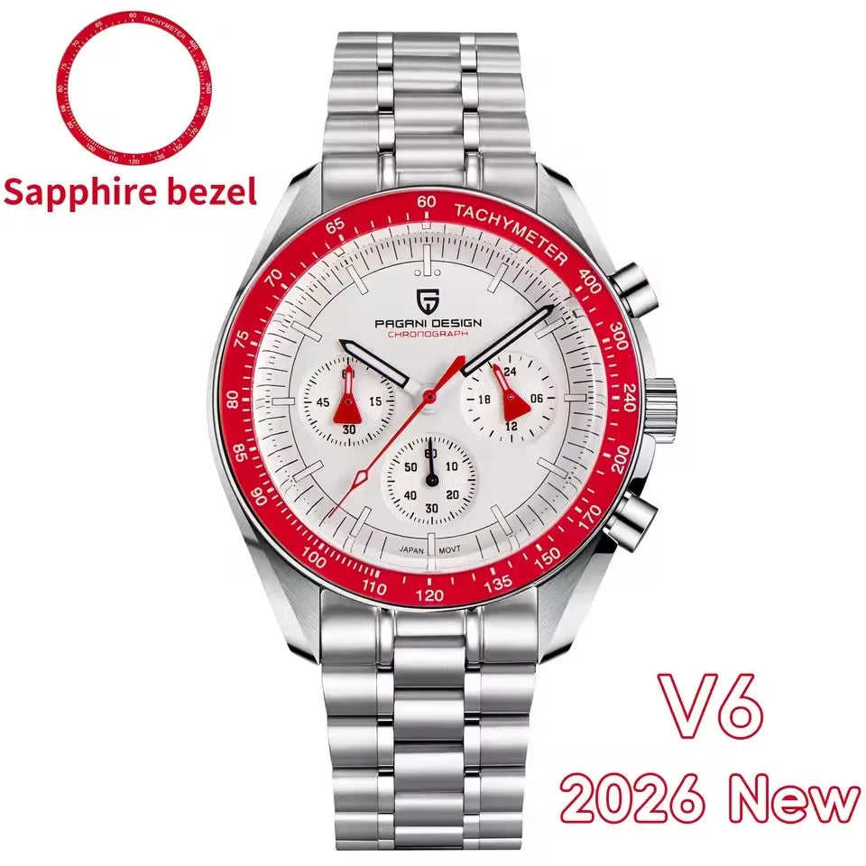 Nuevo reloj para hombre PAGANI DESIGN V6 Moon 2026, cronógrafo deportivo Speed, reloj de cuarzo para hombre, cristal de zafiro AR, bisel de cerámica, reloj seguro