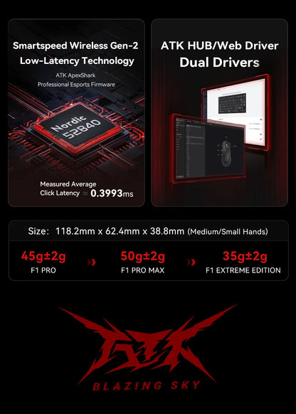 Mouse da gaming wireless ATK BlazingSky F1 Extreme PAW3950 Ultra Dual-Mode 8000Hz 35g leggero per e-sport FPS