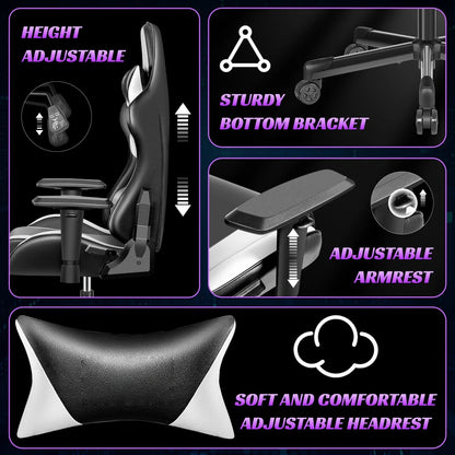 Gaming chair multi-directional adjustable PU leather ergonomic lumbar support Headrest Black and White