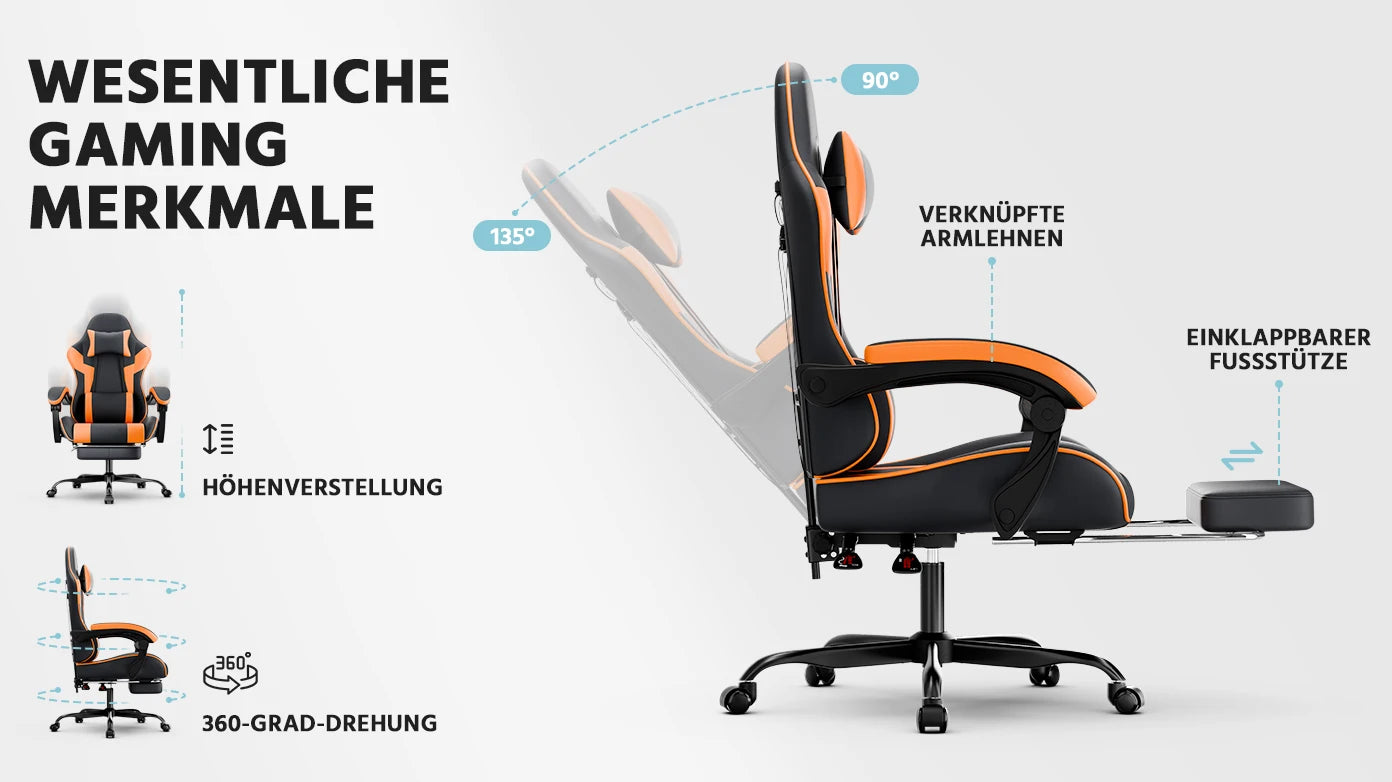 Black & Orange Gaming Chair, Ergonomic PU Leather Computer Chair with Footrest, Adjustable Swivel Office Chair with Lumbar Support & Headrest, Breathable High-Back Chair for Gaming & Work
