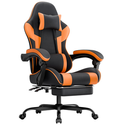 Black & Orange Gaming Chair, Ergonomic PU Leather Computer Chair with Footrest, Adjustable Swivel Office Chair with Lumbar Support & Headrest, Breathable High-Back Chair for Gaming & Work