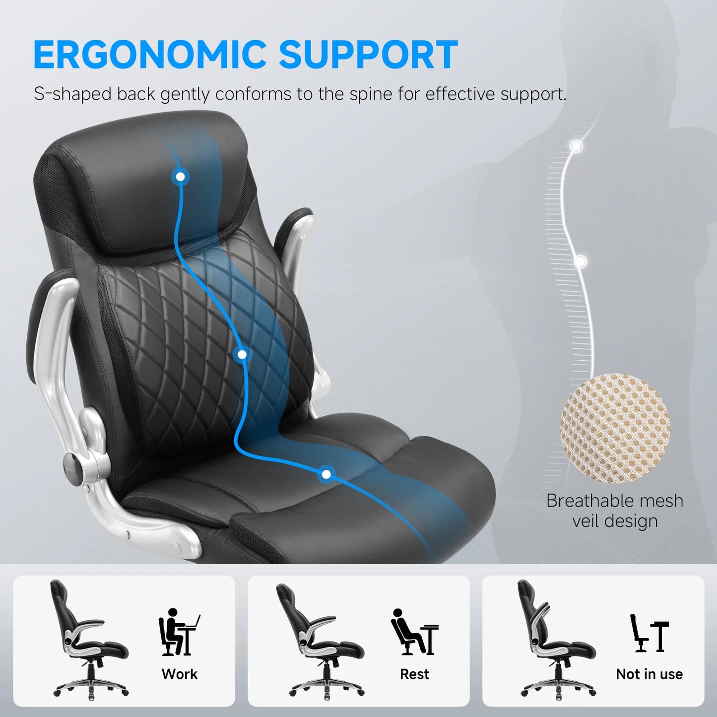 COMHOMA office chair Ergonomic desk chair with folding armrests with high backrest, scratch resistant leather