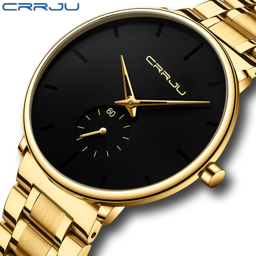 Montre pour homme CRRJU – Montre-bracelet en acier inoxydable, style décontracté et luxueux, étanche, montre de sport à quartz pour homme