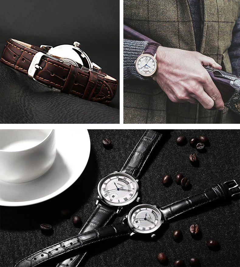 Montre à quartz pour homme BERNY, équipée d'un mouvement Miyota VJ55, modèle de luxe de haute qualité avec affichage du jour, boîtier en acier inoxydable, verre saphir et étanchéité.