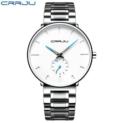 Montre pour homme CRRJU – Montre-bracelet en acier inoxydable, style décontracté et luxueux, étanche, montre de sport à quartz pour homme