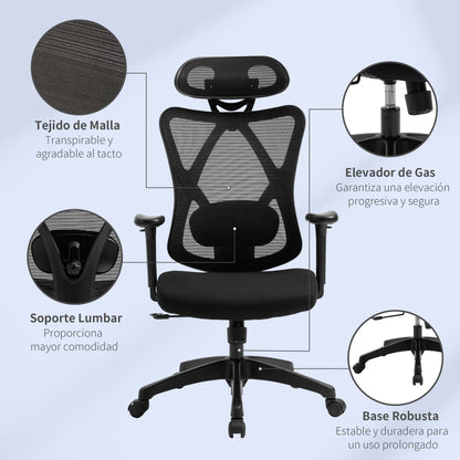 Vinsetto swivel office chair with armrest 2D height adjustable chair headrest Lumbar support 67x64x127cm black