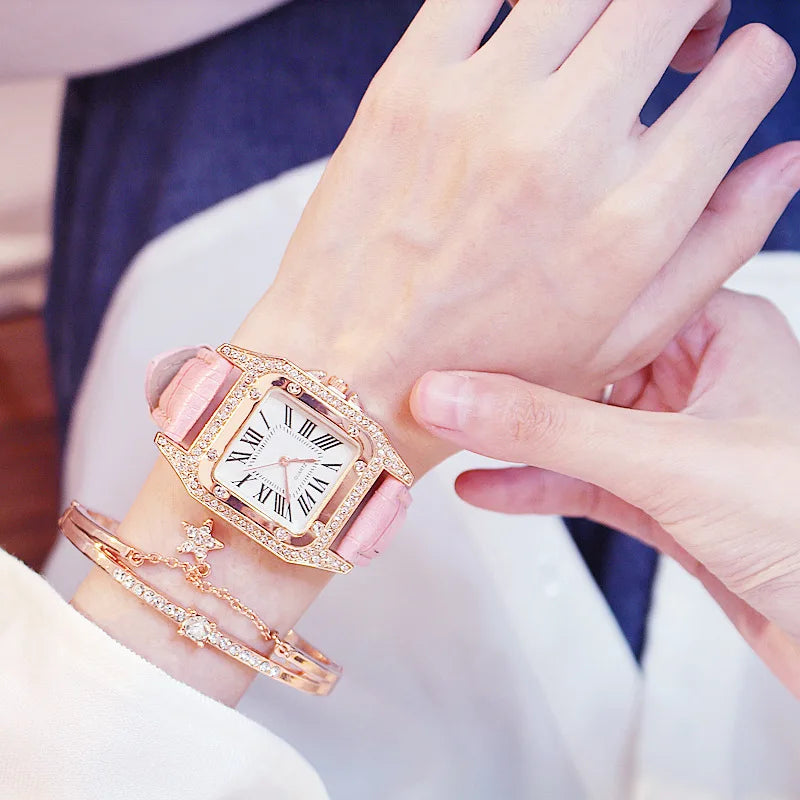 Square Women Watches Waterproof Luxury Rhinestone Quartz Wristwatch PU Leather Ladies Watch Female Ladies Watch Gift Wrist Watch