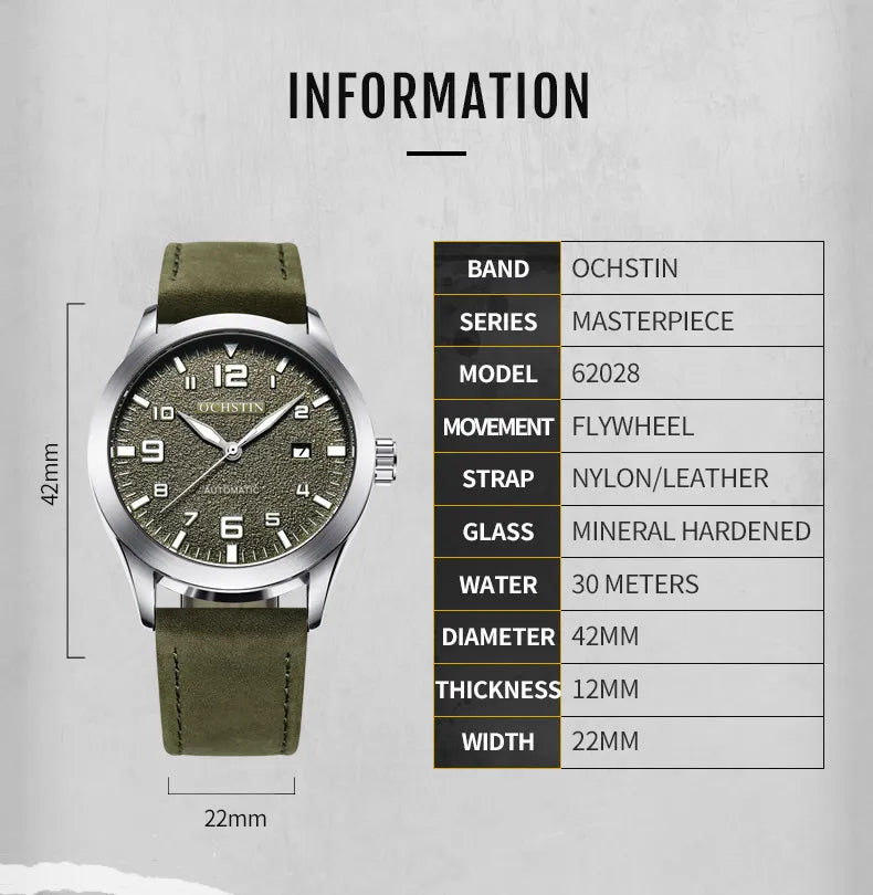 OCHSTIN Men Automatic Mechanical Watch Luxury Casual Dress Military Outdoor Sports Army Mens Wristwatches Waterproof Male Clock