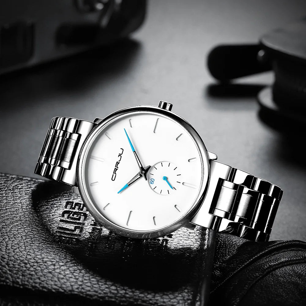 Montre pour homme CRRJU – Montre-bracelet en acier inoxydable, style décontracté et luxueux, étanche, montre de sport à quartz pour homme