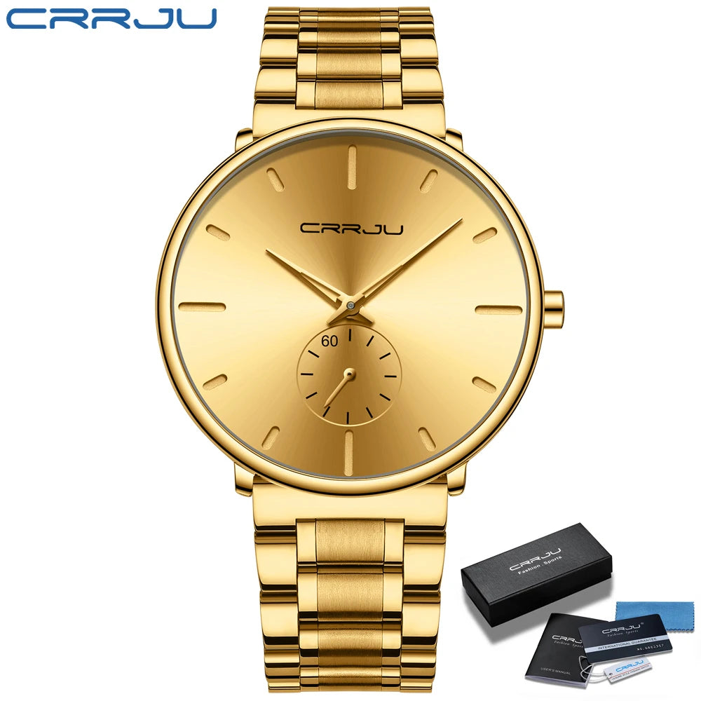 Montre pour homme CRRJU – Montre-bracelet en acier inoxydable, style décontracté et luxueux, étanche, montre de sport à quartz pour homme