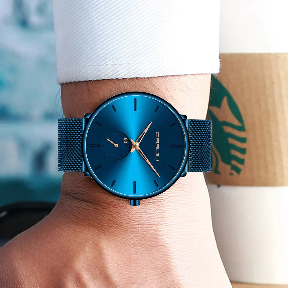 Montre pour homme CRRJU – Montre à quartz de luxe, style décontracté, fine, avec bracelet en maille d'acier, étanche et sportive.