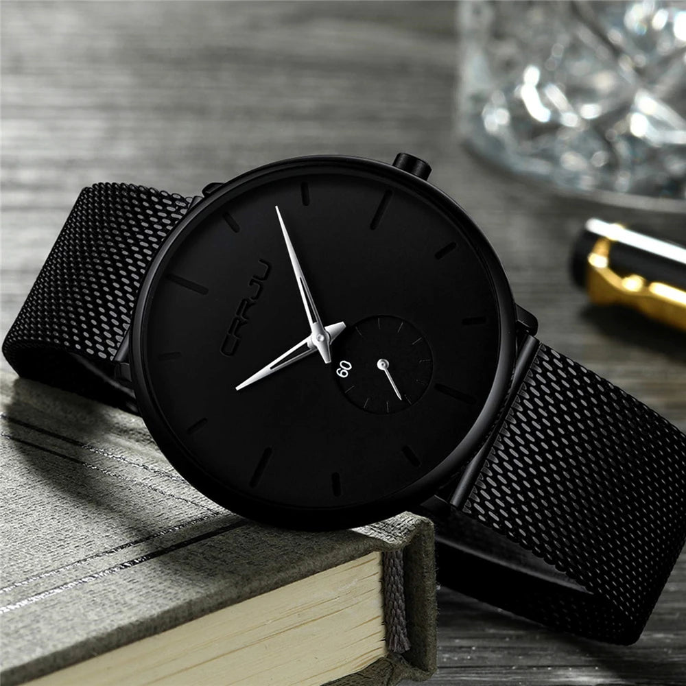 Montre pour homme CRRJU – Montre à quartz de luxe, style décontracté, fine, avec bracelet en maille d'acier, étanche et sportive.
