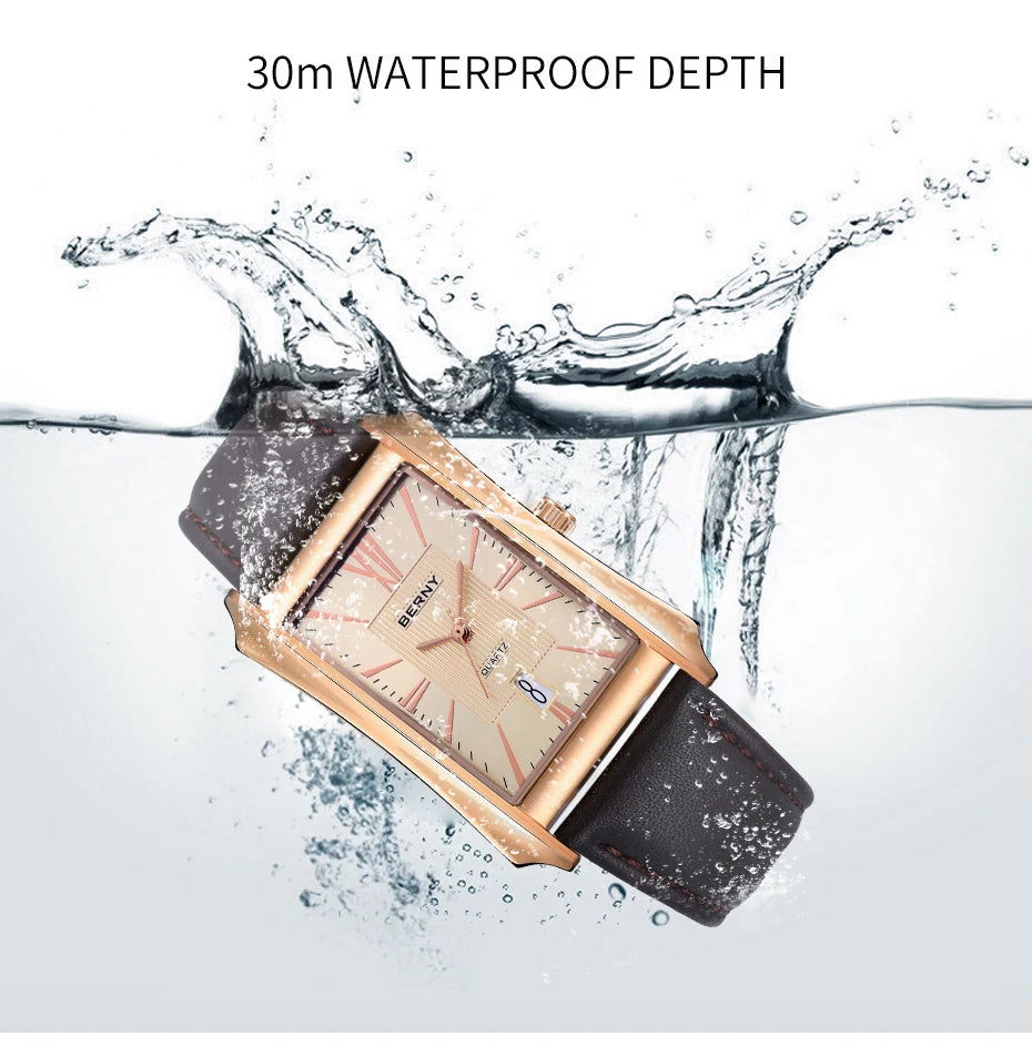 BERNY Watch for Men Rectangle Japan Quartz Wristwatch Waterproof Business Rectangular Dress Male Clock Top Genuine Leather Strap