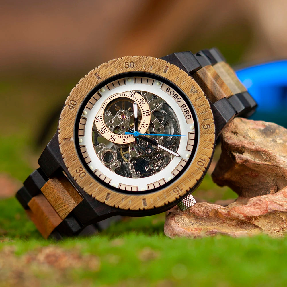 BOBO BIRD Wood Mechanical Watch Men Relogio Masculino Big Mens Watches Top Brand Luxury Timepieces erkek kol saati Dropshipping