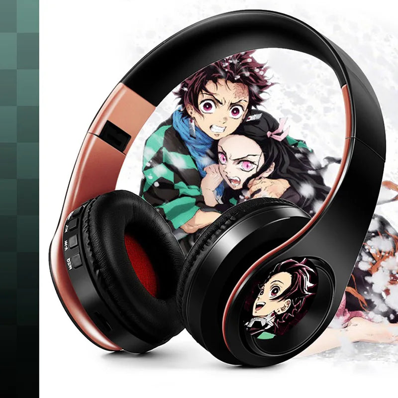 Demon Slayer Kamado Tanjirou Anime Bluetooth Headphones – Wireless Gaming Headset with Mic, TF Card Support, Deep Bass Anime Earphones V5.0