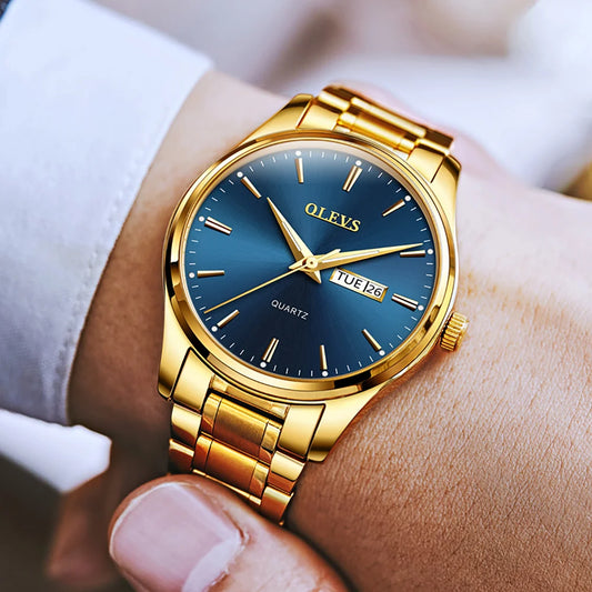 Montre pour homme OLEVS – Montre-bracelet à quartz en acier inoxydable, étanche, dorée, élégante et lumineuse, accessoire de luxe pour hommes