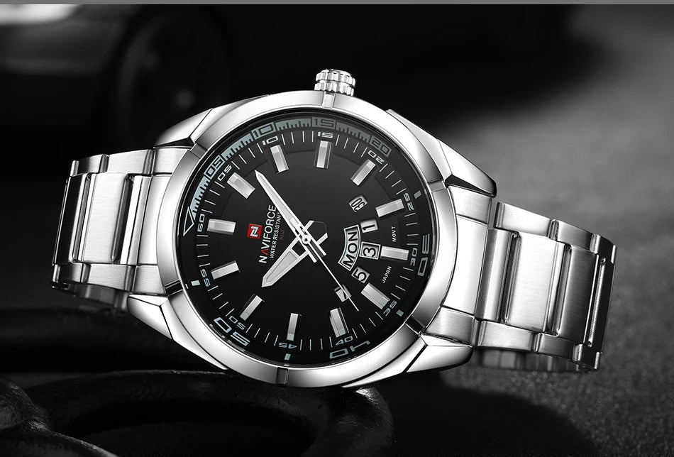 Montre pour homme NAVIFORCE, entièrement en acier, étanche, style décontracté, mouvement à quartz avec affichage de la date – Montre-bracelet de luxe pour homme, d'une marque de premier plan.