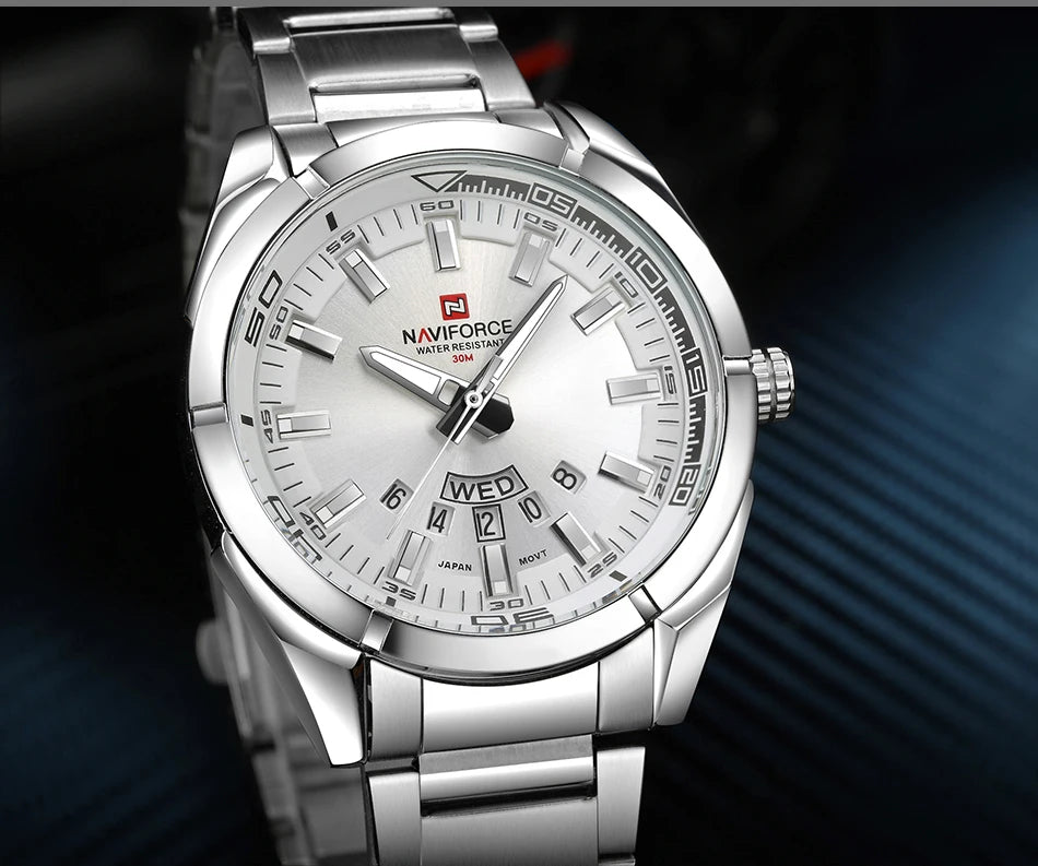 Montre pour homme NAVIFORCE, entièrement en acier, étanche, style décontracté, mouvement à quartz avec affichage de la date – Montre-bracelet de luxe pour homme, d'une marque de premier plan.