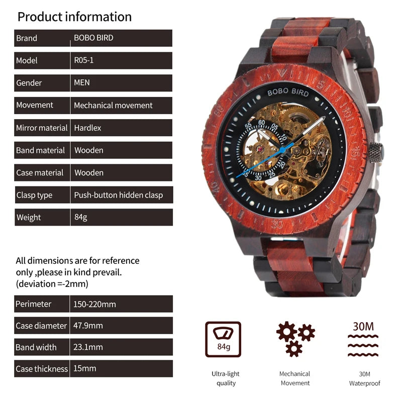 BOBO BIRD Wood Mechanical Watch Men Relogio Masculino Big Mens Watches Top Brand Luxury Timepieces erkek kol saati Dropshipping