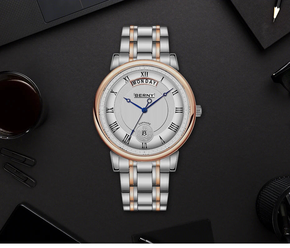 Montre à quartz pour homme BERNY, équipée d'un mouvement Miyota VJ55, modèle de luxe de haute qualité avec affichage du jour, boîtier en acier inoxydable, verre saphir et étanchéité.