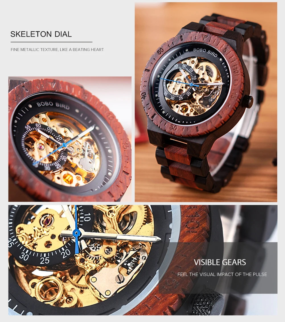 BOBO BIRD Wood Mechanical Watch Men Relogio Masculino Big Mens Watches Top Brand Luxury Timepieces erkek kol saati Dropshipping