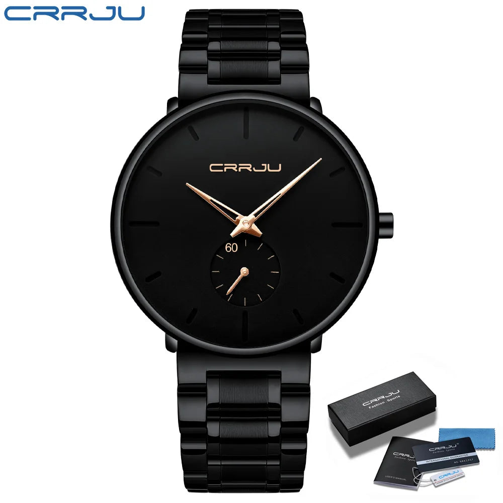 Montre pour homme CRRJU – Montre-bracelet en acier inoxydable, style décontracté et luxueux, étanche, montre de sport à quartz pour homme