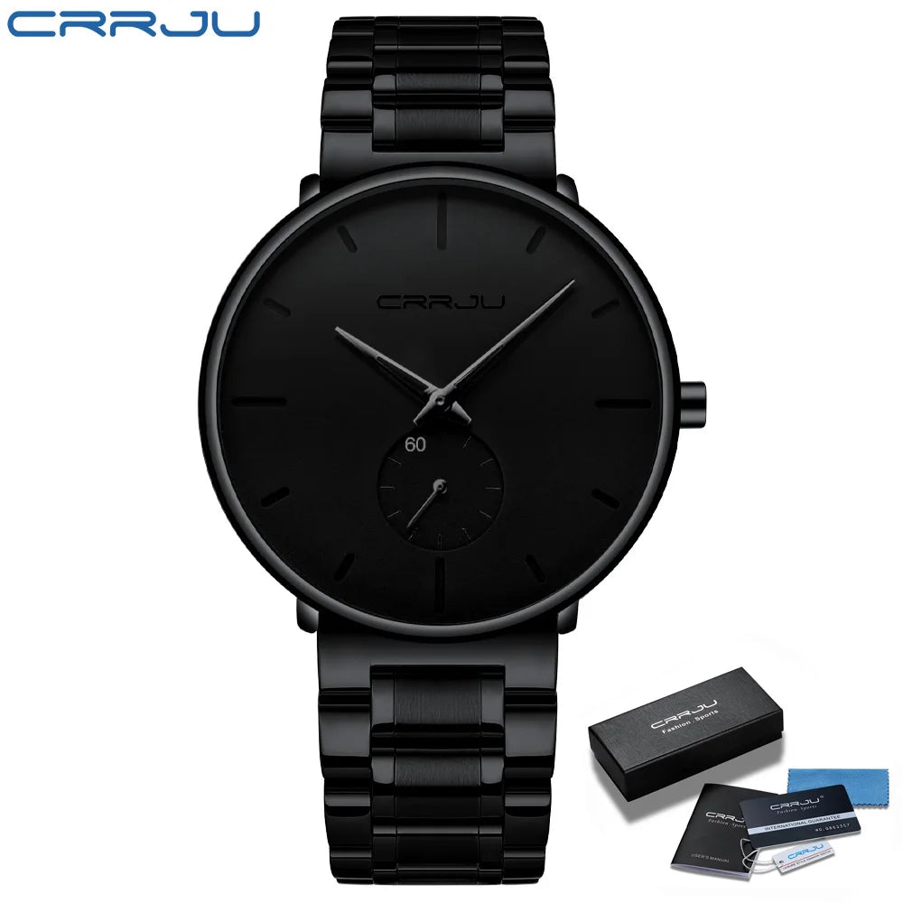 Montre pour homme CRRJU – Montre-bracelet en acier inoxydable, style décontracté et luxueux, étanche, montre de sport à quartz pour homme
