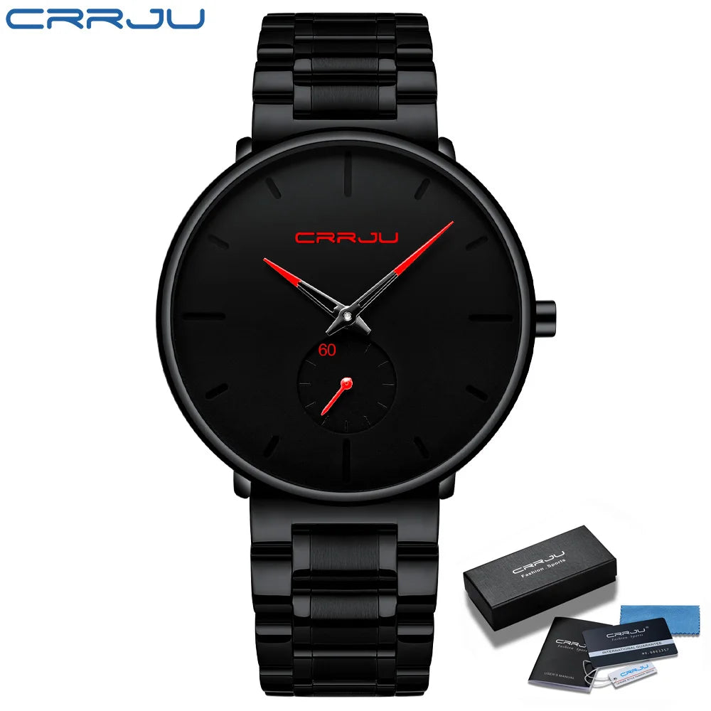 Montre pour homme CRRJU – Montre-bracelet en acier inoxydable, style décontracté et luxueux, étanche, montre de sport à quartz pour homme
