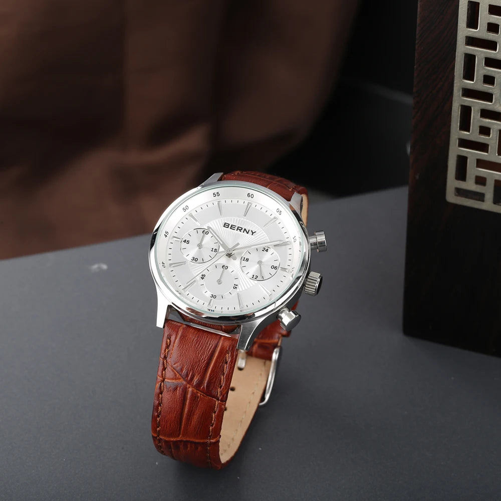 BERNY 24H Chronograph Watch for Men Luxury VD54 Watches Fashion Waterproof Genuine Leather Strap Quartz Sport Men's Wristwatch