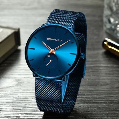 Montre pour homme CRRJU – Montre à quartz de luxe, style décontracté, fine, avec bracelet en maille d'acier, étanche et sportive.