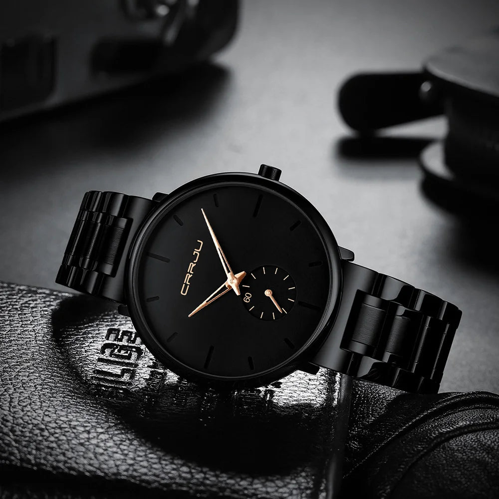 Montre pour homme CRRJU – Montre-bracelet en acier inoxydable, style décontracté et luxueux, étanche, montre de sport à quartz pour homme