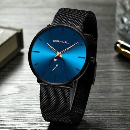 Montre pour homme CRRJU – Montre à quartz de luxe, style décontracté, fine, avec bracelet en maille d'acier, étanche et sportive.