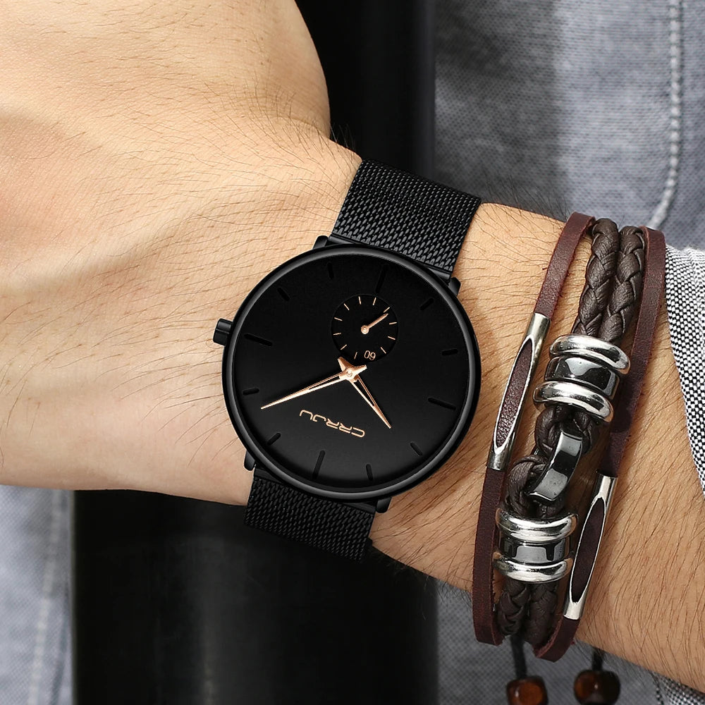 Montre pour homme CRRJU – Montre à quartz de luxe, style décontracté, fine, avec bracelet en maille d'acier, étanche et sportive.