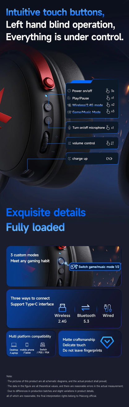 MCHOSE V9 PRO 7.1 Headphones Tri-Mode BT Wireless Low-Latency Gaming E-Sports Headset With Noise Reduction Mic For PC PS4 PS5