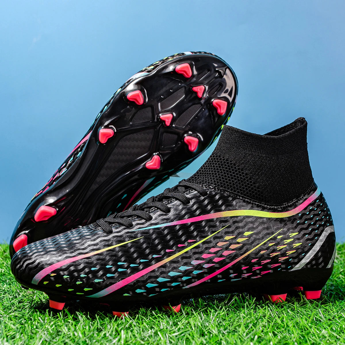 Chaussures de football à tige haute AG FG, respirantes, en PU et mesh, avec crampons TPU complets, antidérapantes, pour protéger la cheville lors des compétitions sur herbe intense.