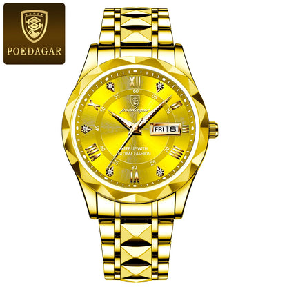 POEDAGAR Business Luxury men’s watch, water-resistant, stainless steel, luminous, with date and day of the week, sporty style, quartz.